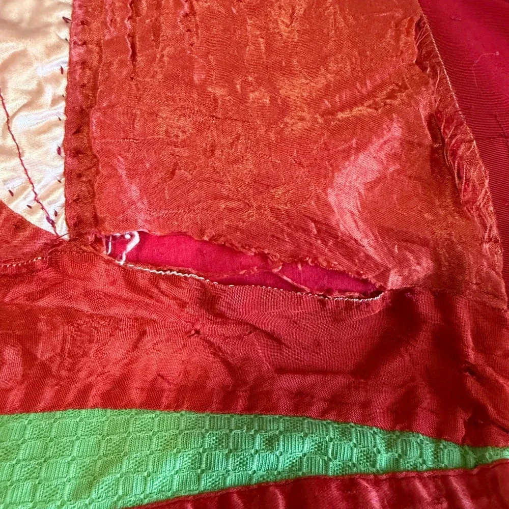 VTG Handmade Satin Patchwork Quilt Red Geometric Star 83x68 for REPAIR/REPURPOSE